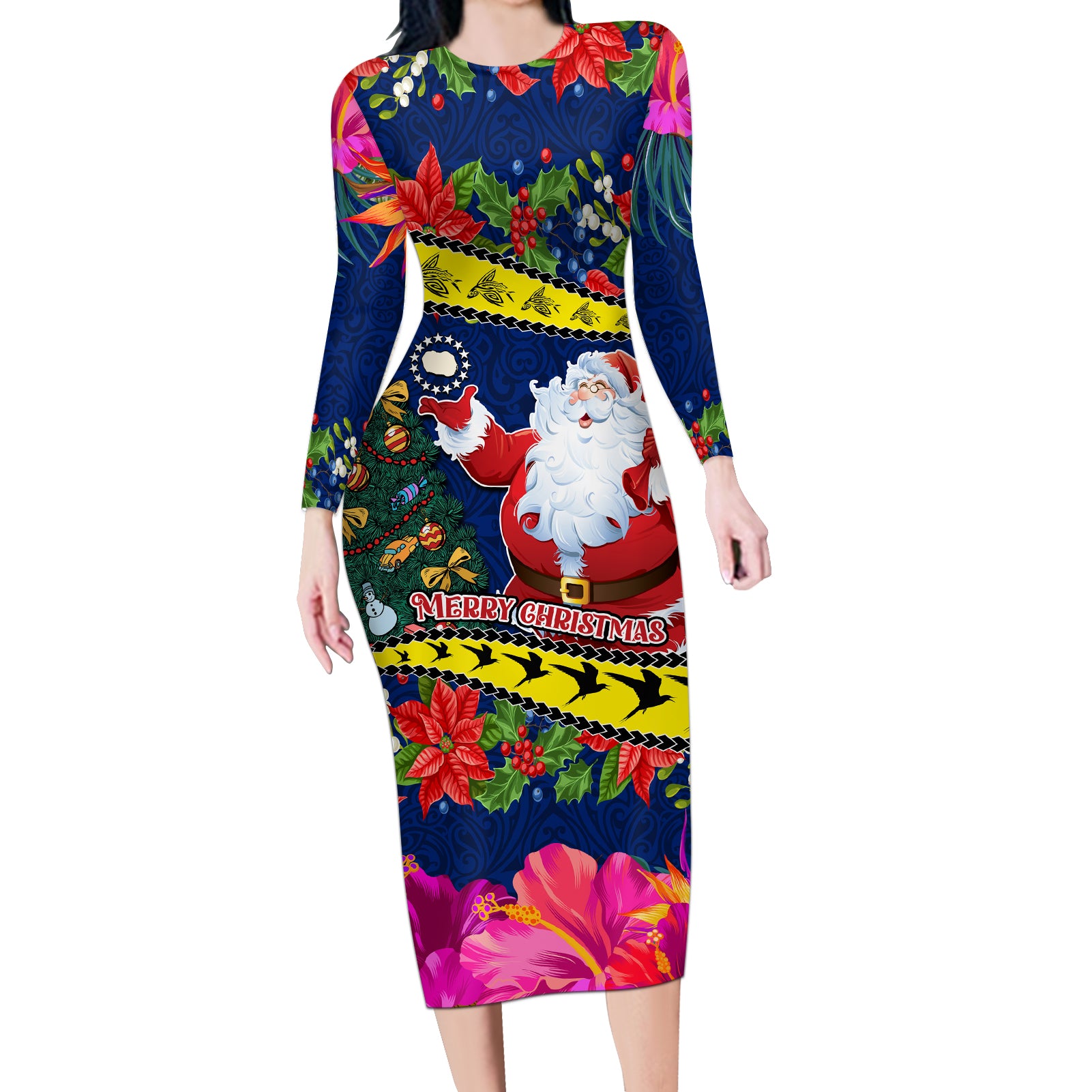 Cook Island Christmas Long Sleeve Bodycon Dress Santa Claus Mix Maroro and Kakaia Hibiscus Flower Maori Pattern LT03 Long Dress Blue - Polynesian Pride