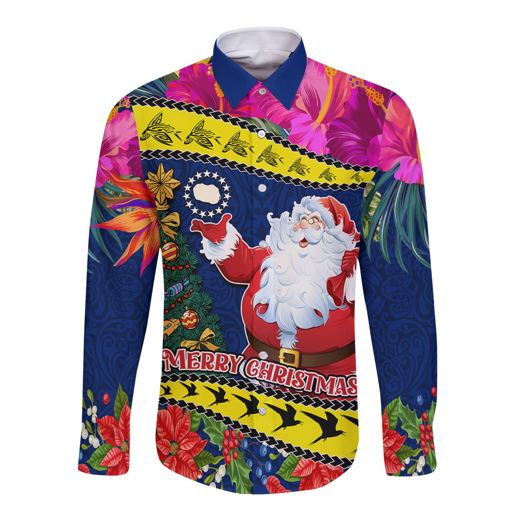 Cook Island Christmas Long Sleeve Button Shirt Santa Claus Mix Maroro and Kakaia Hibiscus Flower Maori Pattern LT03 Unisex Blue - Polynesian Pride