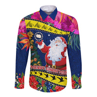 Cook Island Christmas Long Sleeve Button Shirt Santa Claus Mix Maroro and Kakaia Hibiscus Flower Maori Pattern LT03 Unisex Blue - Polynesian Pride