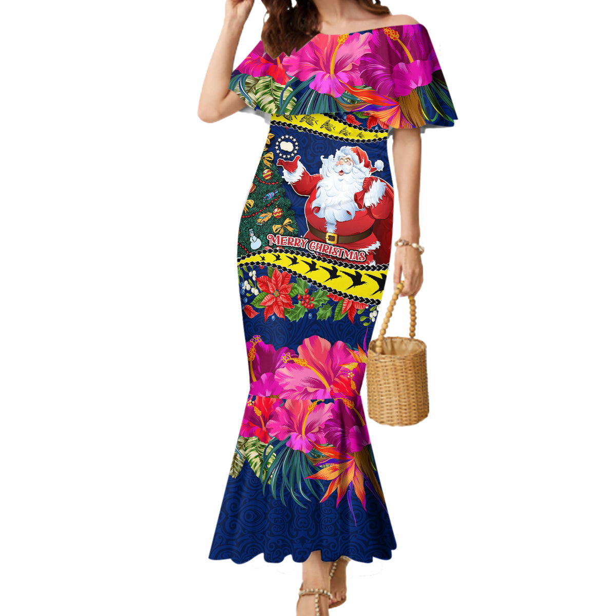 Cook Island Christmas Mermaid Dress Santa Claus Mix Maroro and Kakaia Hibiscus Flower Maori Pattern LT03 Women Blue - Polynesian Pride