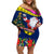 Cook Island Christmas Off Shoulder Short Dress Santa Claus Mix Maroro and Kakaia Hibiscus Flower Maori Pattern LT03 Women Blue - Polynesian Pride