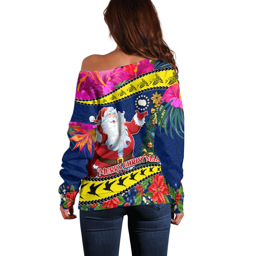 Cook Island Christmas Off Shoulder Sweater Santa Claus Mix Maroro and Kakaia Hibiscus Flower Maori Pattern LT03 - Polynesian Pride