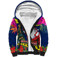 Cook Island Christmas Sherpa Hoodie Santa Claus Mix Maroro and Kakaia Hibiscus Flower Maori Pattern LT03 Unisex Blue - Polynesian Pride