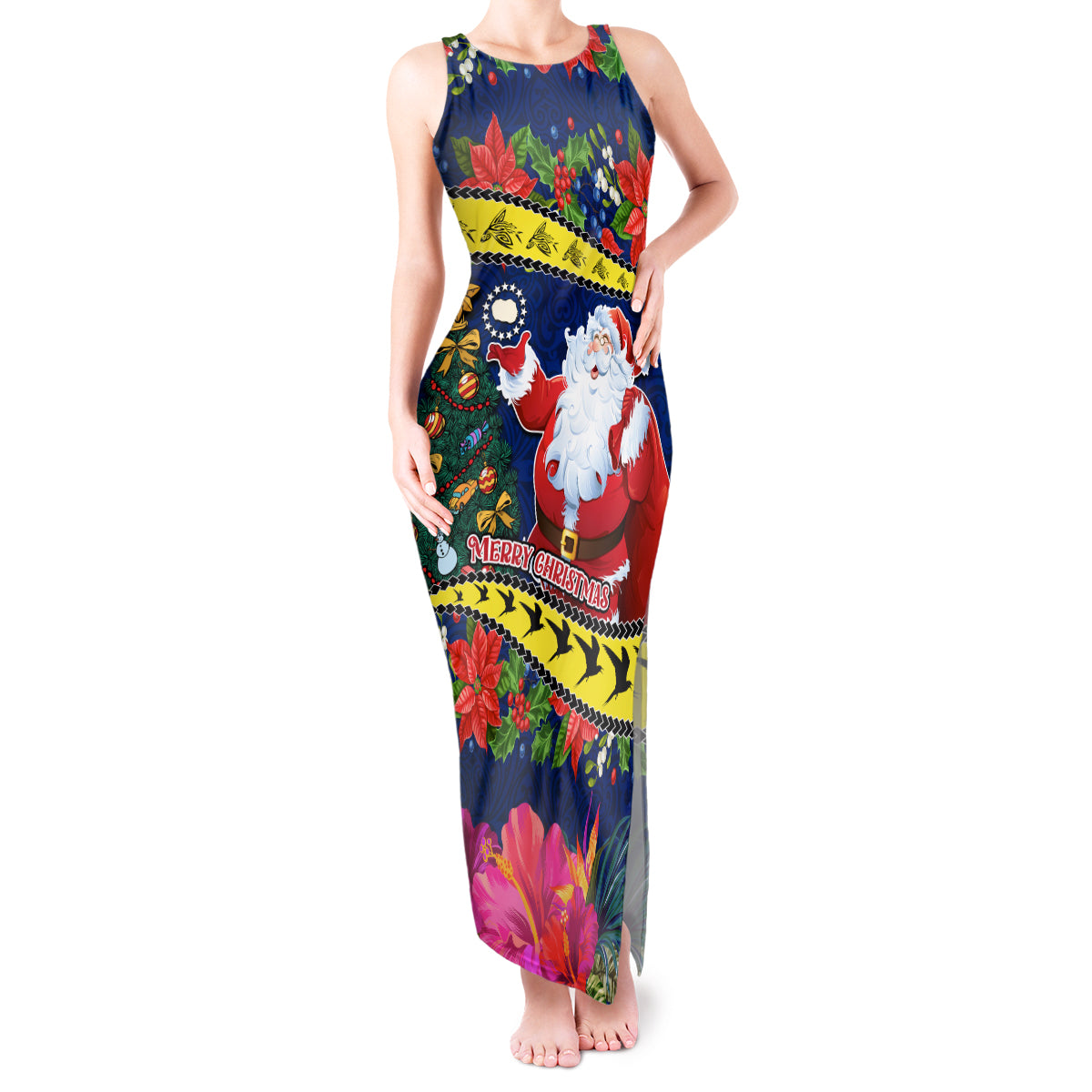 Cook Island Christmas Tank Maxi Dress Santa Claus Mix Maroro and Kakaia Hibiscus Flower Maori Pattern LT03 Women Blue - Polynesian Pride