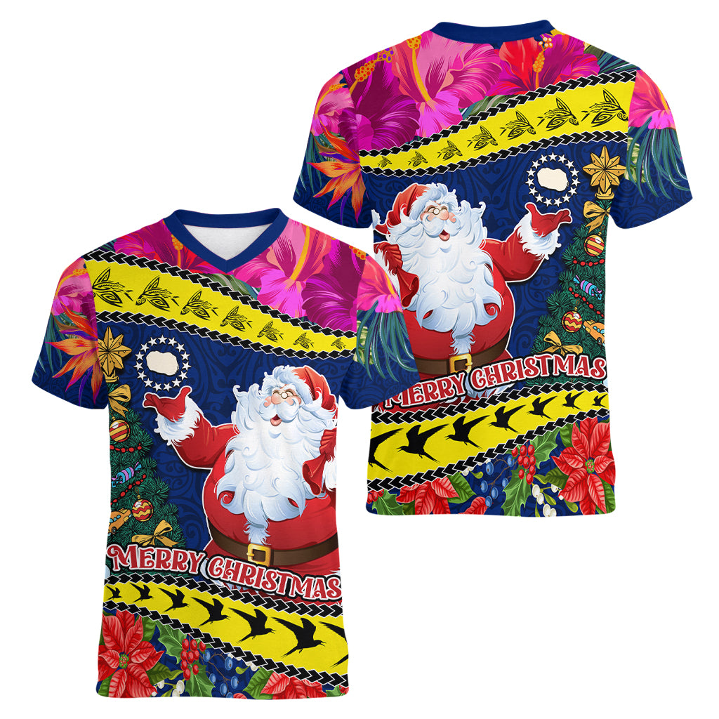 Cook Island Christmas Women V Neck T Shirt Santa Claus Mix Maroro and Kakaia Hibiscus Flower Maori Pattern LT03 - Polynesian Pride