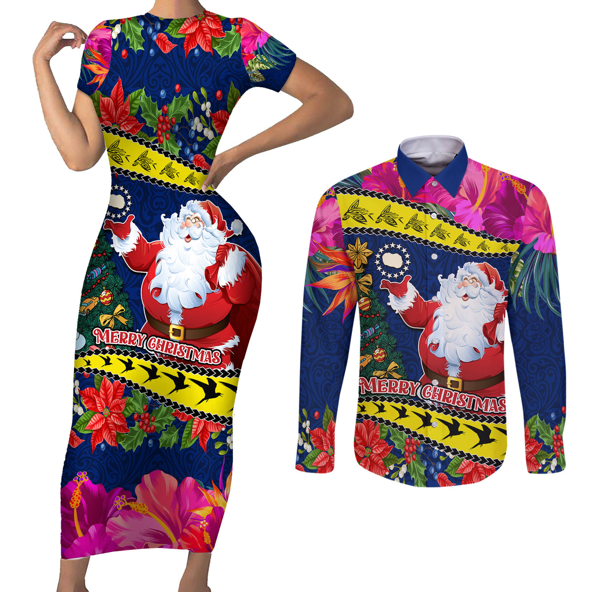 Personalised Cook Island Christmas Couples Matching Short Sleeve Bodycon Dress and Long Sleeve Button Shirt Santa Claus Mix Maroro and Kakaia Hibiscus Flower Maori Pattern LT03 Blue - Polynesian Pride