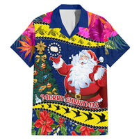 Personalised Cook Island Christmas Family Matching Mermaid Dress and Hawaiian Shirt Santa Claus Mix Maroro and Kakaia Hibiscus Flower Maori Pattern LT03 Dad's Shirt - Short Sleeve Blue - Polynesian Pride