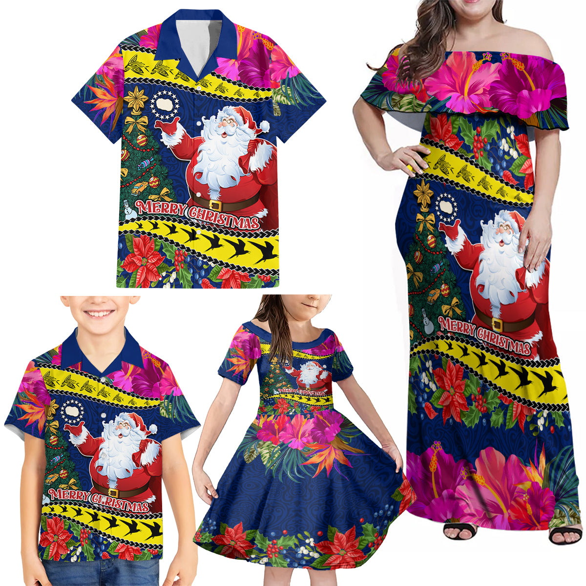 Personalised Cook Island Christmas Family Matching Off Shoulder Maxi Dress and Hawaiian Shirt Santa Claus Mix Maroro and Kakaia Hibiscus Flower Maori Pattern LT03 - Polynesian Pride