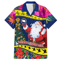 Personalised Cook Island Christmas Family Matching Off Shoulder Maxi Dress and Hawaiian Shirt Santa Claus Mix Maroro and Kakaia Hibiscus Flower Maori Pattern LT03 Dad's Shirt - Short Sleeve Blue - Polynesian Pride