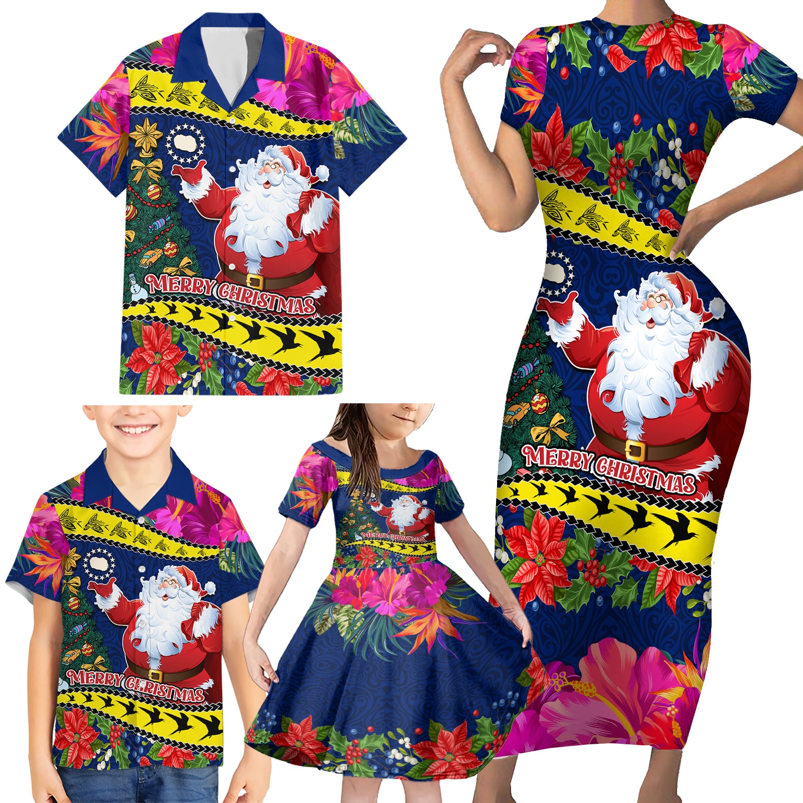 Personalised Cook Island Christmas Family Matching Short Sleeve Bodycon Dress and Hawaiian Shirt Santa Claus Mix Maroro and Kakaia Hibiscus Flower Maori Pattern LT03 - Polynesian Pride