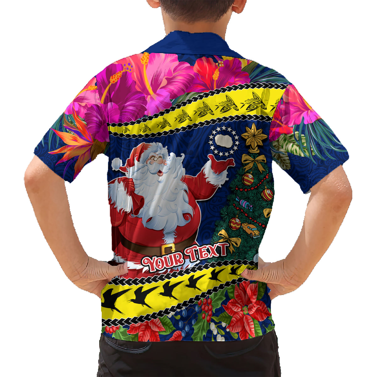 Personalised Cook Island Christmas Kid Hawaiian Shirt Santa Claus Mix Maroro and Kakaia Hibiscus Flower Maori Pattern LT03 - Polynesian Pride