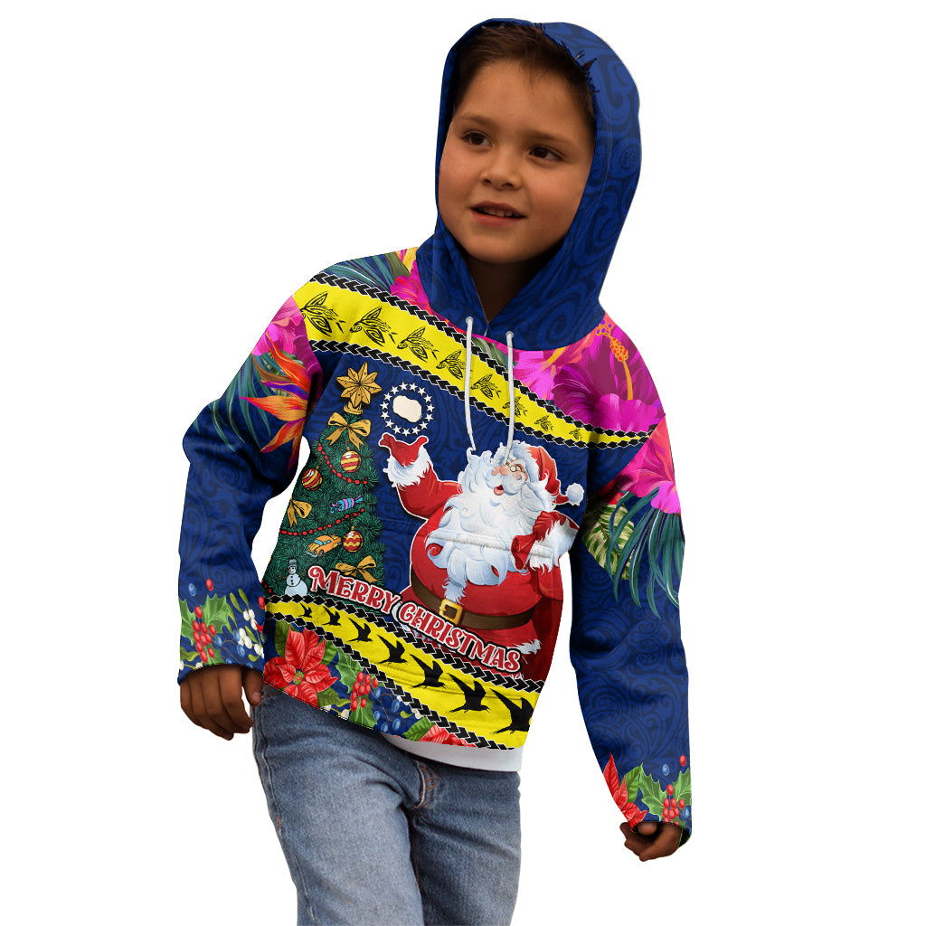 Personalised Cook Island Christmas Kid Hoodie Santa Claus Mix Maroro and Kakaia Hibiscus Flower Maori Pattern LT03 - Polynesian Pride