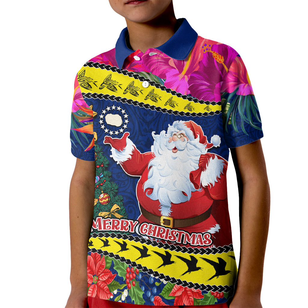 Personalised Cook Island Christmas Kid Polo Shirt Santa Claus Mix Maroro and Kakaia Hibiscus Flower Maori Pattern LT03 Kid Blue - Polynesian Pride
