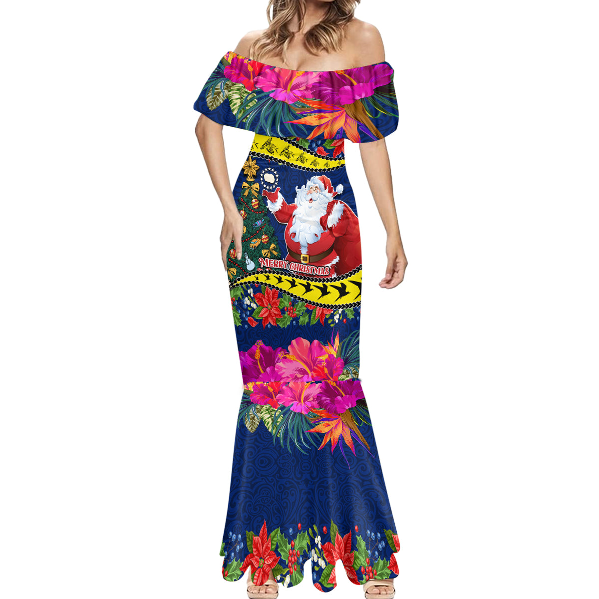 Personalised Cook Island Christmas Mermaid Dress Santa Claus Mix Maroro and Kakaia Hibiscus Flower Maori Pattern LT03 - Polynesian Pride