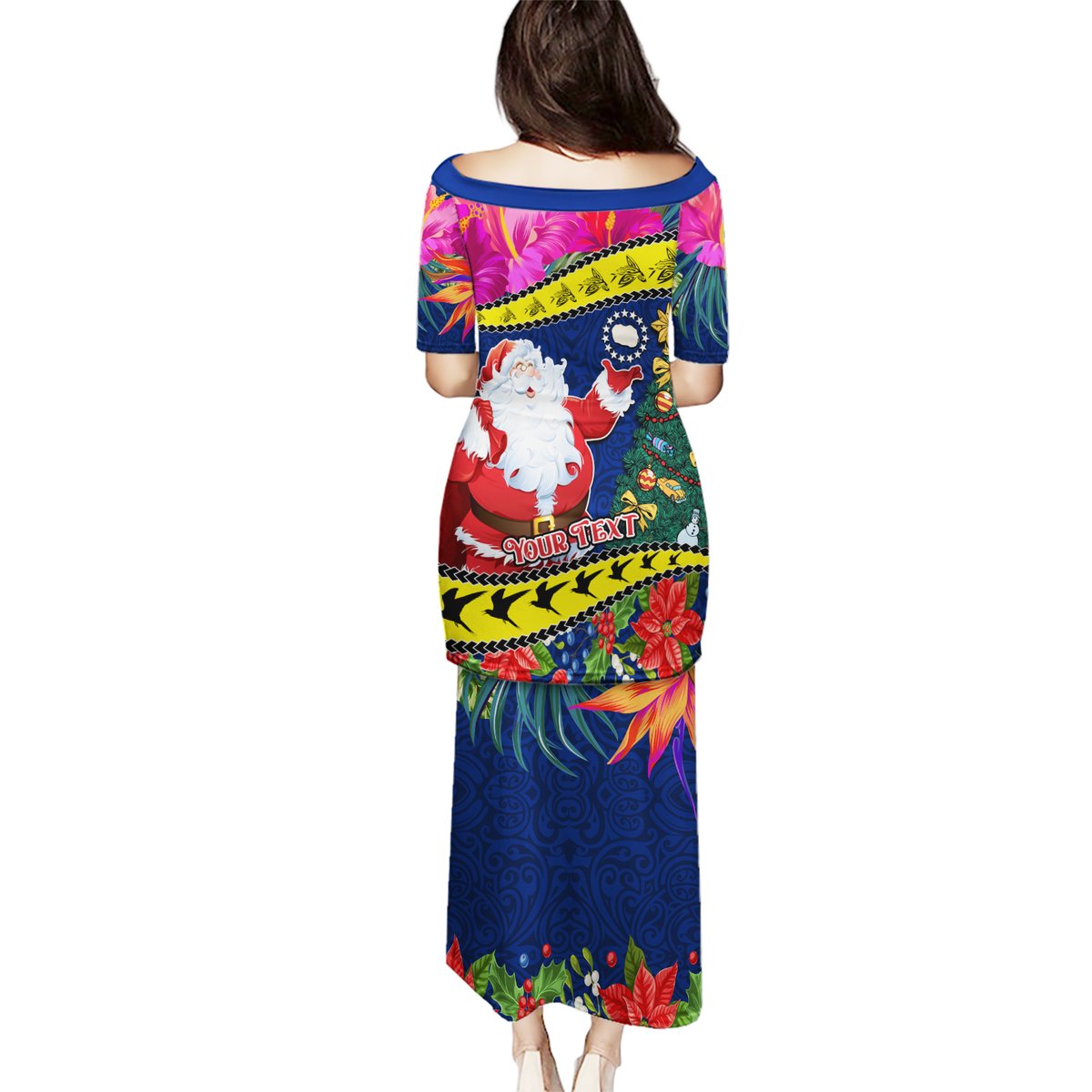 Personalised Cook Island Christmas Puletasi Santa Claus Mix Maroro and Kakaia Hibiscus Flower Maori Pattern LT03 - Polynesian Pride