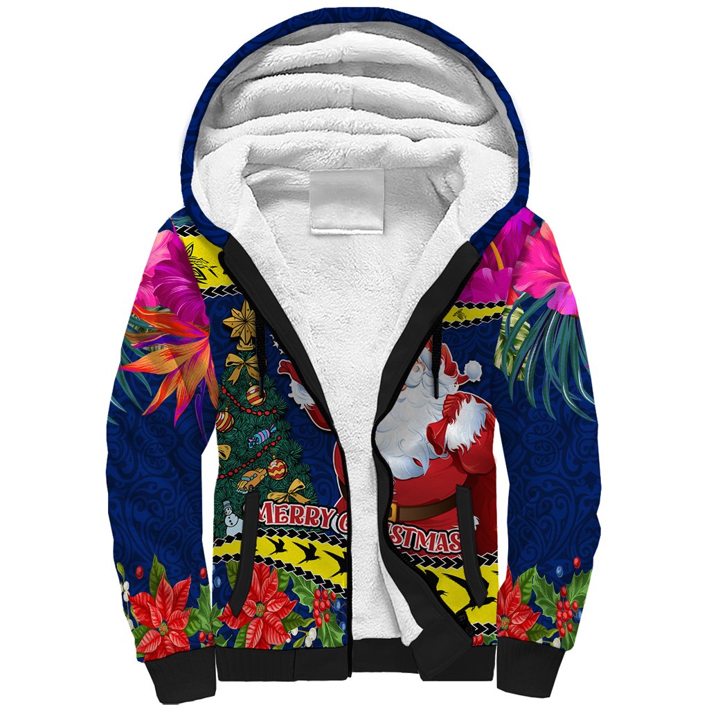 Personalised Cook Island Christmas Sherpa Hoodie Santa Claus Mix Maroro and Kakaia Hibiscus Flower Maori Pattern LT03 Unisex Blue - Polynesian Pride