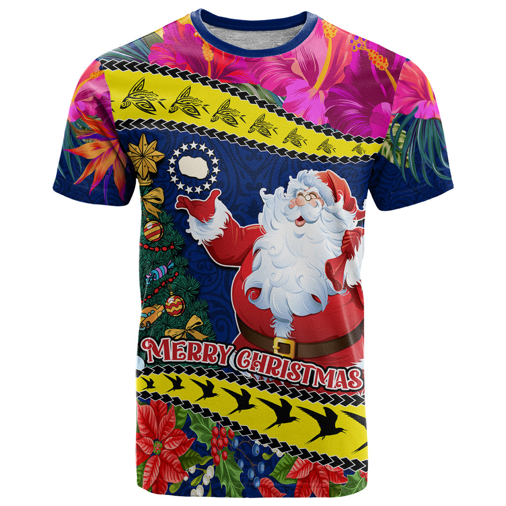 Personalised Cook Island Christmas T Shirt Santa Claus Mix Maroro and Kakaia Hibiscus Flower Maori Pattern LT03 Blue - Polynesian Pride