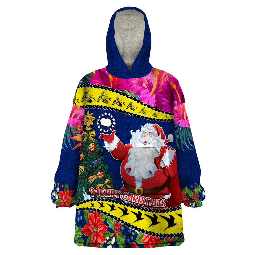 Personalised Cook Island Christmas Wearable Blanket Hoodie Santa Claus Mix Maroro and Kakaia Hibiscus Flower Maori Pattern LT03 One Size Blue - Polynesian Pride