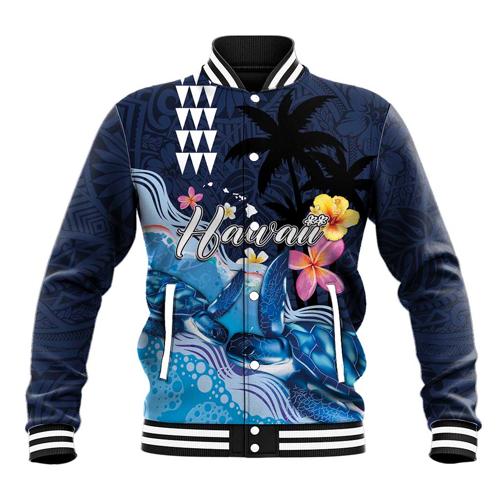 Hawaiian Honu Honi Ihu Baseball Jacket With Plumeria and Kakau Art Pattern LT03 Unisex Dark Blue - Polynesian Pride