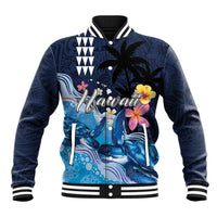 Hawaiian Honu Honi Ihu Baseball Jacket With Plumeria and Kakau Art Pattern LT03 Unisex Dark Blue - Polynesian Pride