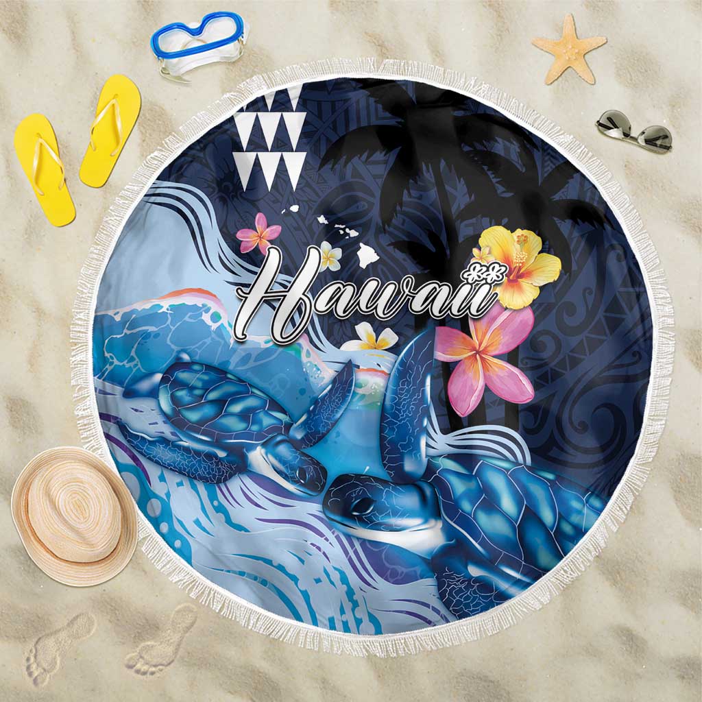 Hawaiian Honu Honi Ihu Beach Blanket With Plumeria and Kakau Art Pattern LT03 One Size 150cm Dark Blue - Polynesian Pride