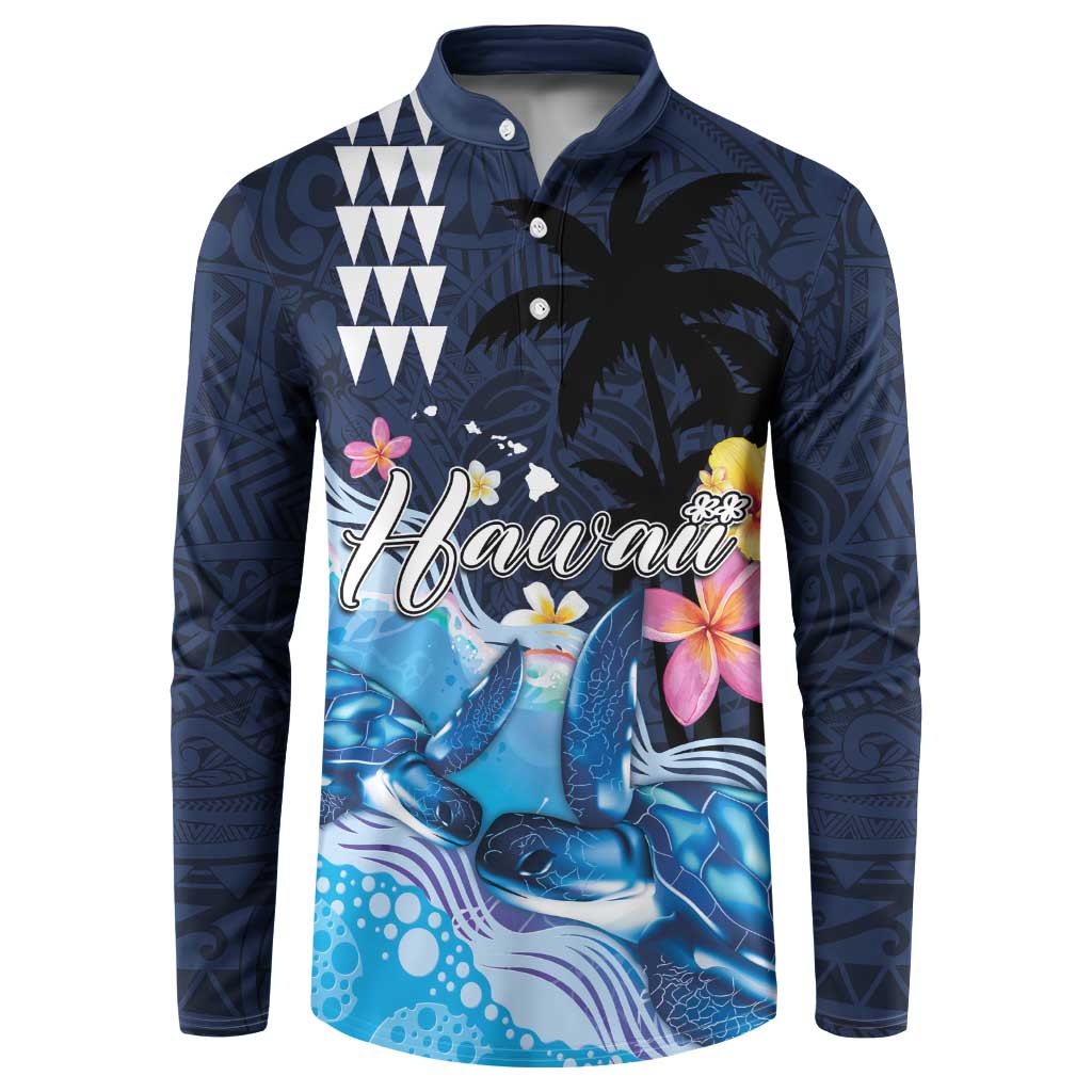 Hawaiian Honu Honi Ihu Button Sweatshirt With Plumeria and Kakau Art Pattern LT03 Dark Blue - Polynesian Pride
