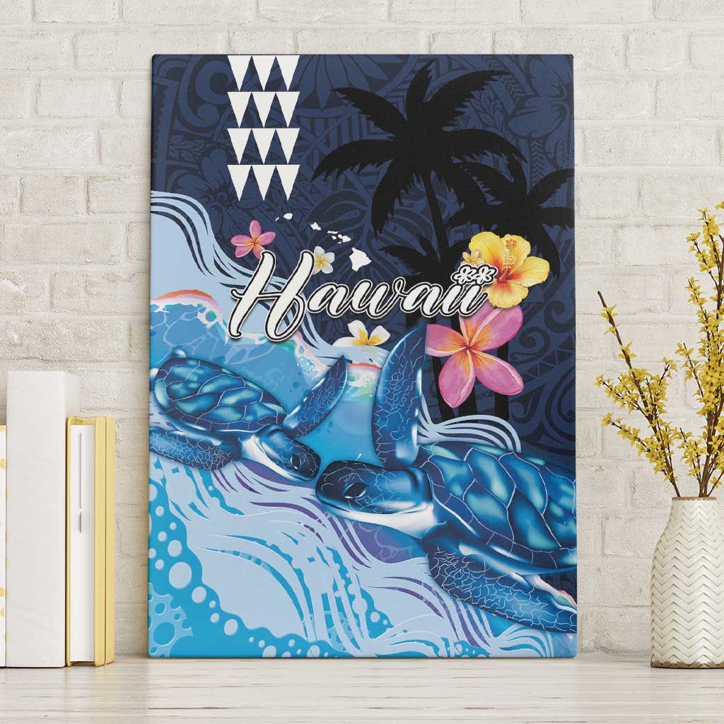 Hawaiian Honu Honi Ihu Canvas Wall Art With Plumeria and Kakau Art Pattern LT03 Without Frame Dark Blue - Polynesian Pride