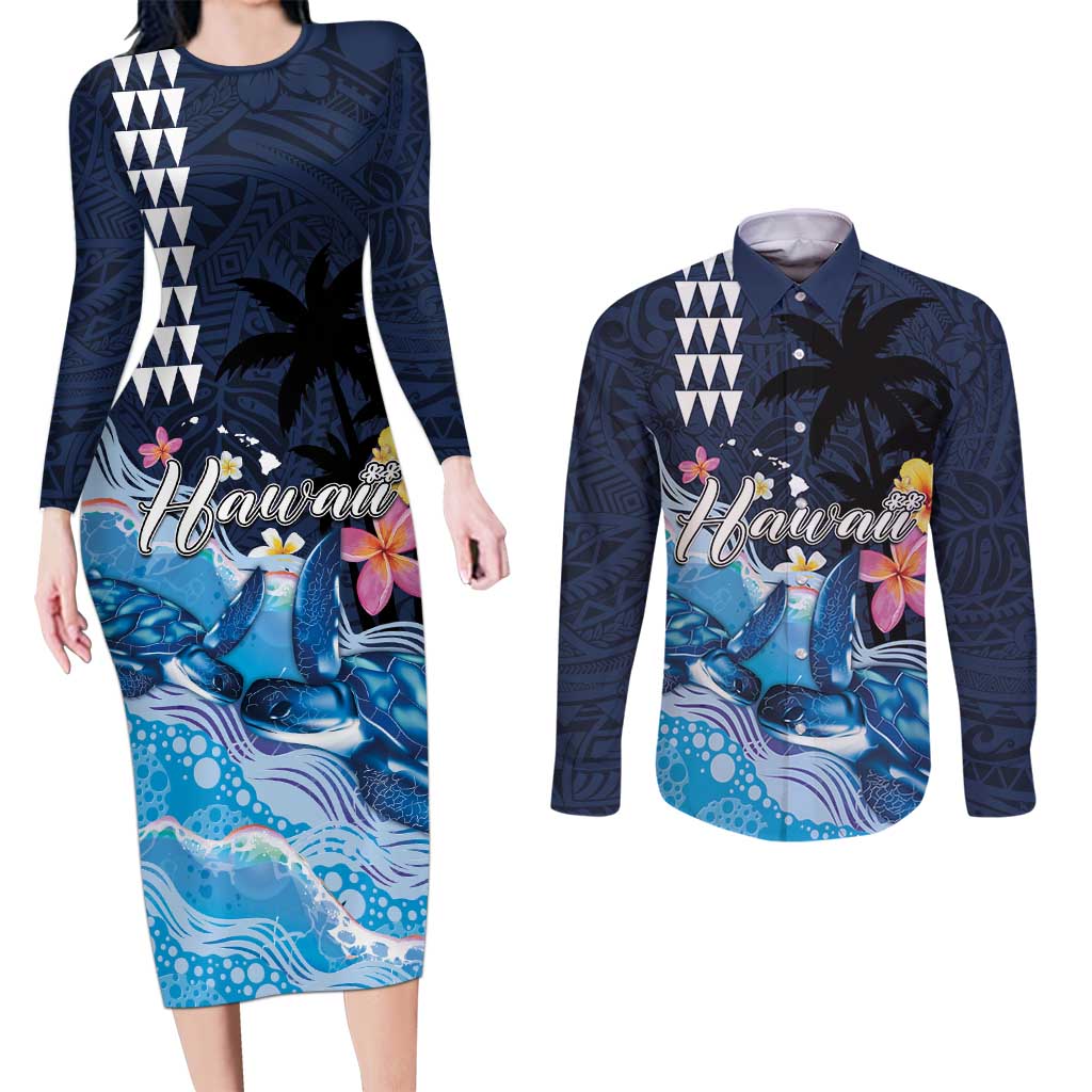 Hawaiian Honu Honi Ihu Couples Matching Long Sleeve Bodycon Dress and Long Sleeve Button Shirt With Plumeria and Kakau Art Pattern LT03 Dark Blue - Polynesian Pride