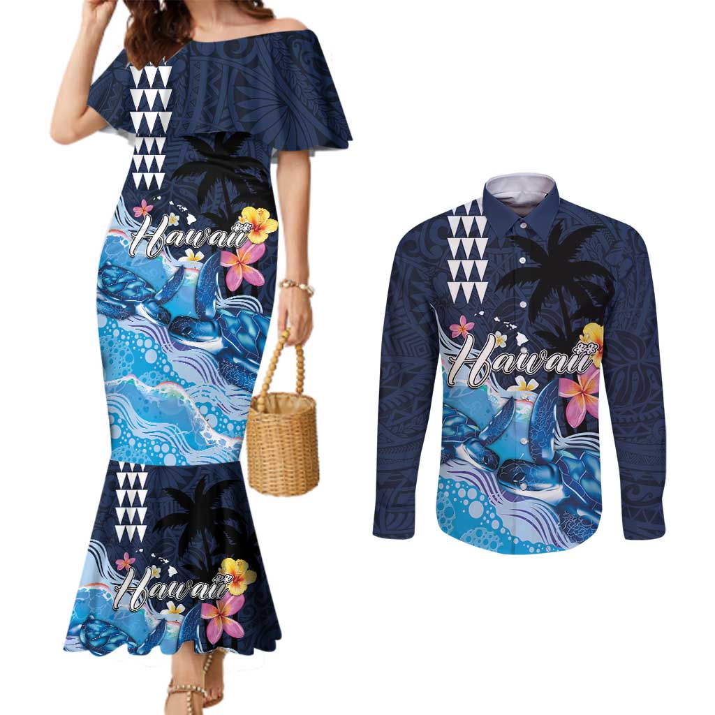 Hawaiian Honu Honi Ihu Couples Matching Mermaid Dress and Long Sleeve Button Shirt With Plumeria and Kakau Art Pattern LT03 Dark Blue - Polynesian Pride