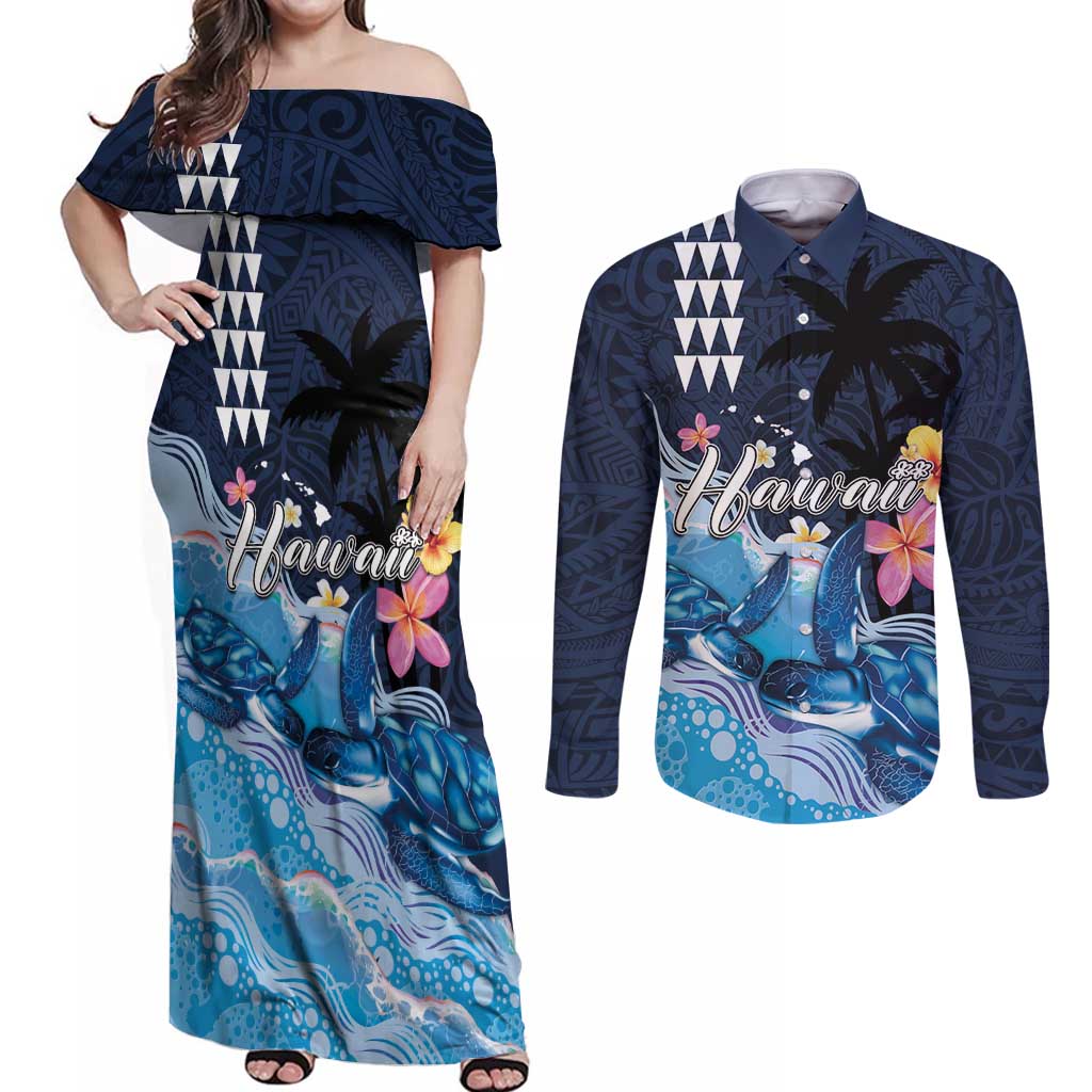 Hawaiian Honu Honi Ihu Couples Matching Off Shoulder Maxi Dress and Long Sleeve Button Shirt With Plumeria and Kakau Art Pattern LT03 Dark Blue - Polynesian Pride