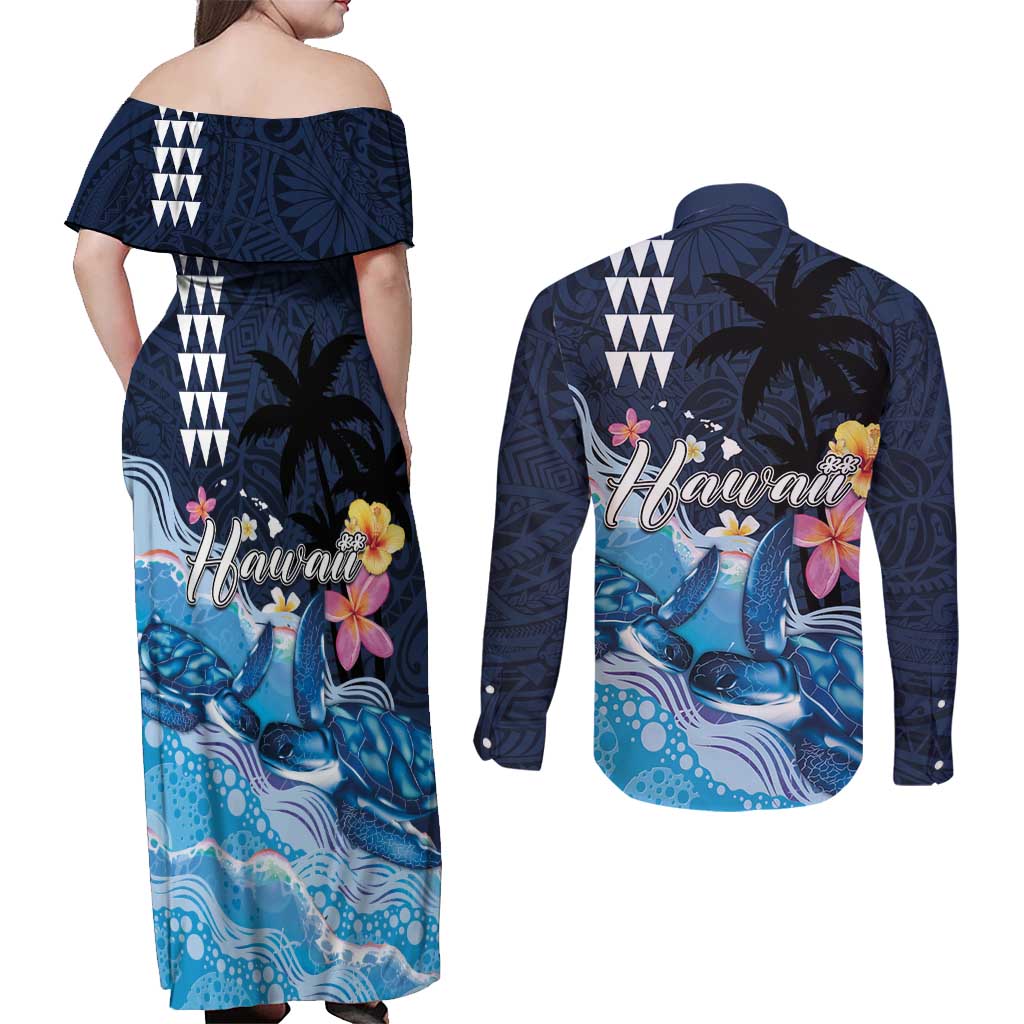 Hawaiian Honu Honi Ihu Couples Matching Off Shoulder Maxi Dress and Long Sleeve Button Shirt With Plumeria and Kakau Art Pattern LT03 - Polynesian Pride