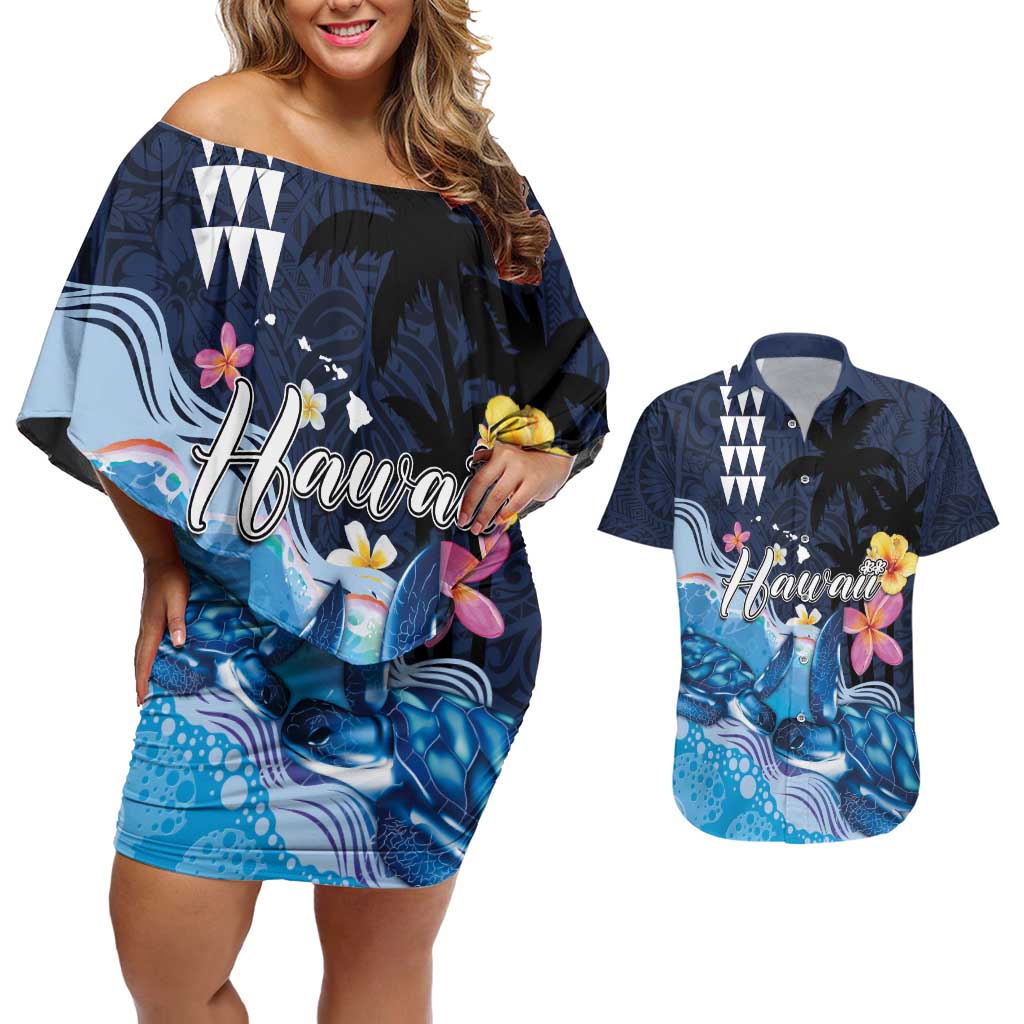 Hawaiian Honu Honi Ihu Couples Matching Off Shoulder Short Dress and Hawaiian Shirt With Plumeria and Kakau Art Pattern LT03 Dark Blue - Polynesian Pride
