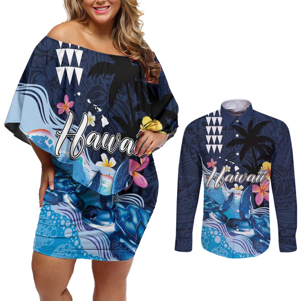 Hawaiian Honu Honi Ihu Couples Matching Off Shoulder Short Dress and Long Sleeve Button Shirt With Plumeria and Kakau Art Pattern LT03 Dark Blue - Polynesian Pride