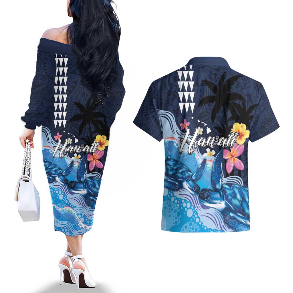 Hawaiian Honu Honi Ihu Couples Matching Off The Shoulder Long Sleeve Dress and Hawaiian Shirt With Plumeria and Kakau Art Pattern LT03 - Polynesian Pride