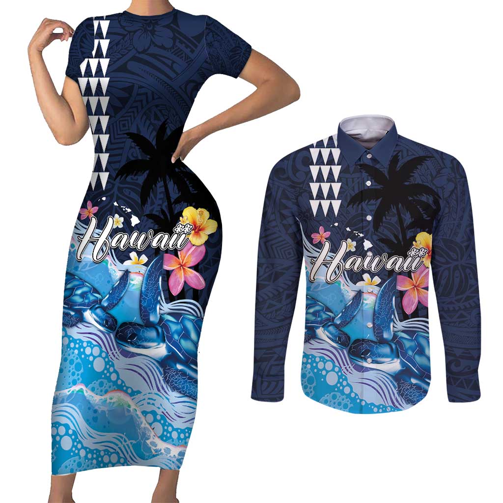 Hawaiian Honu Honi Ihu Couples Matching Short Sleeve Bodycon Dress and Long Sleeve Button Shirt With Plumeria and Kakau Art Pattern LT03 Dark Blue - Polynesian Pride