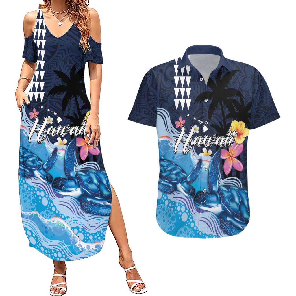 Hawaiian Honu Honi Ihu Couples Matching Summer Maxi Dress and Hawaiian Shirt With Plumeria and Kakau Art Pattern