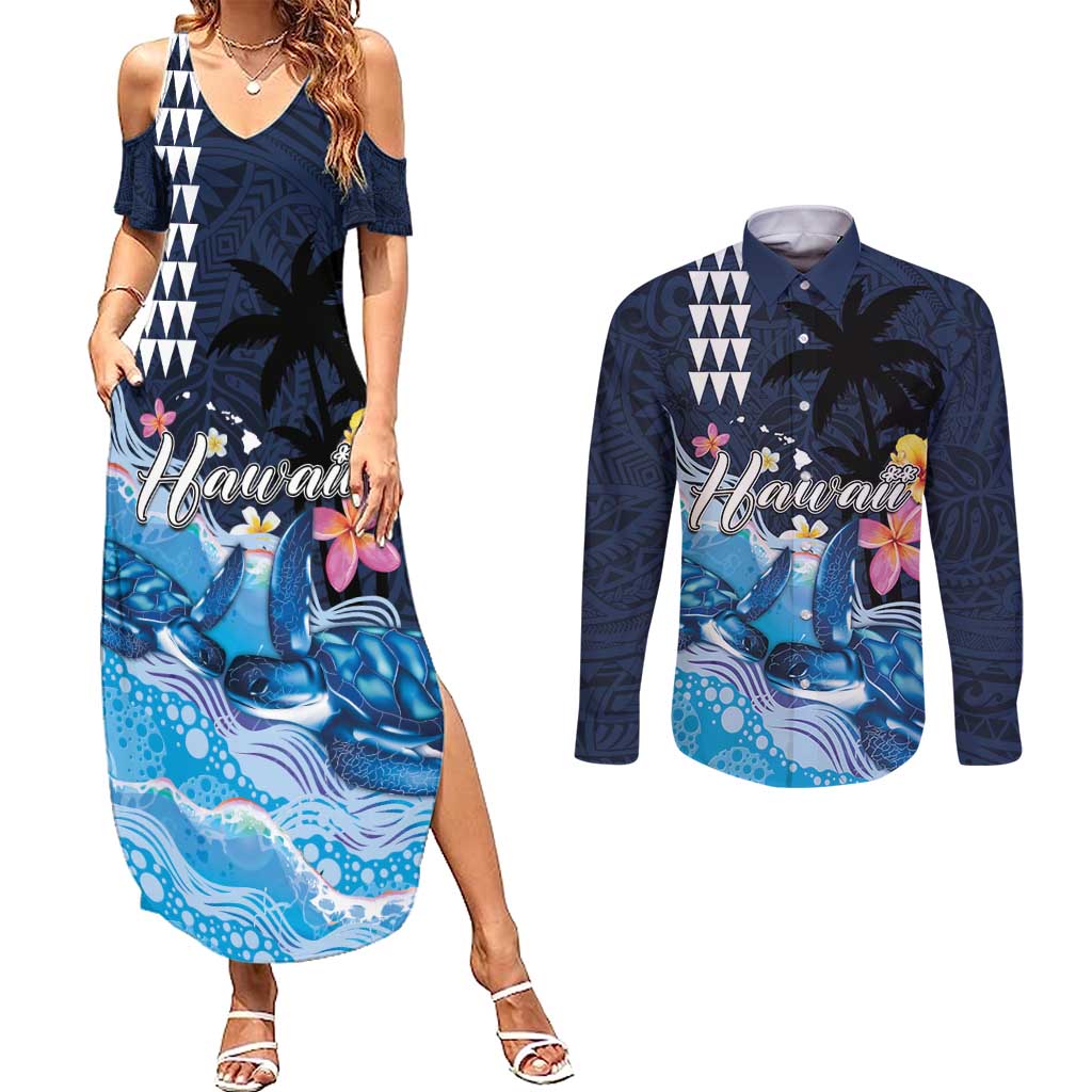 Hawaiian Honu Honi Ihu Couples Matching Summer Maxi Dress and Long Sleeve Button Shirt With Plumeria and Kakau Art Pattern