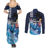 Hawaiian Honu Honi Ihu Couples Matching Summer Maxi Dress and Long Sleeve Button Shirt With Plumeria and Kakau Art Pattern LT03 - Polynesian Pride