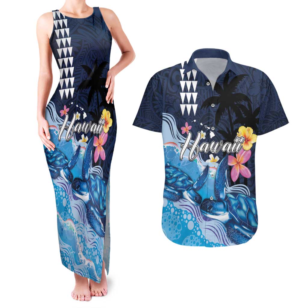 Hawaiian Honu Honi Ihu Couples Matching Tank Maxi Dress and Hawaiian Shirt With Plumeria and Kakau Art Pattern LT03 Dark Blue - Polynesian Pride