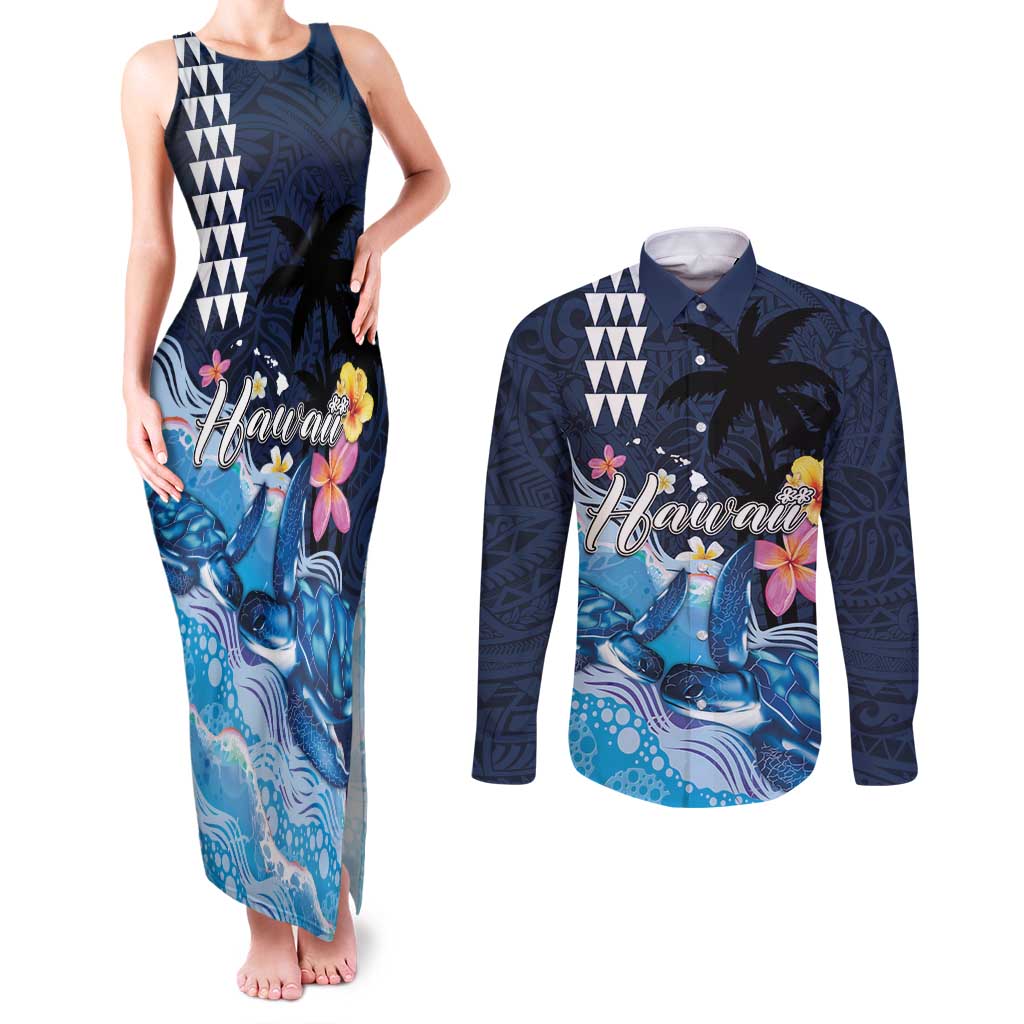 Hawaiian Honu Honi Ihu Couples Matching Tank Maxi Dress and Long Sleeve Button Shirt With Plumeria and Kakau Art Pattern LT03 Dark Blue - Polynesian Pride