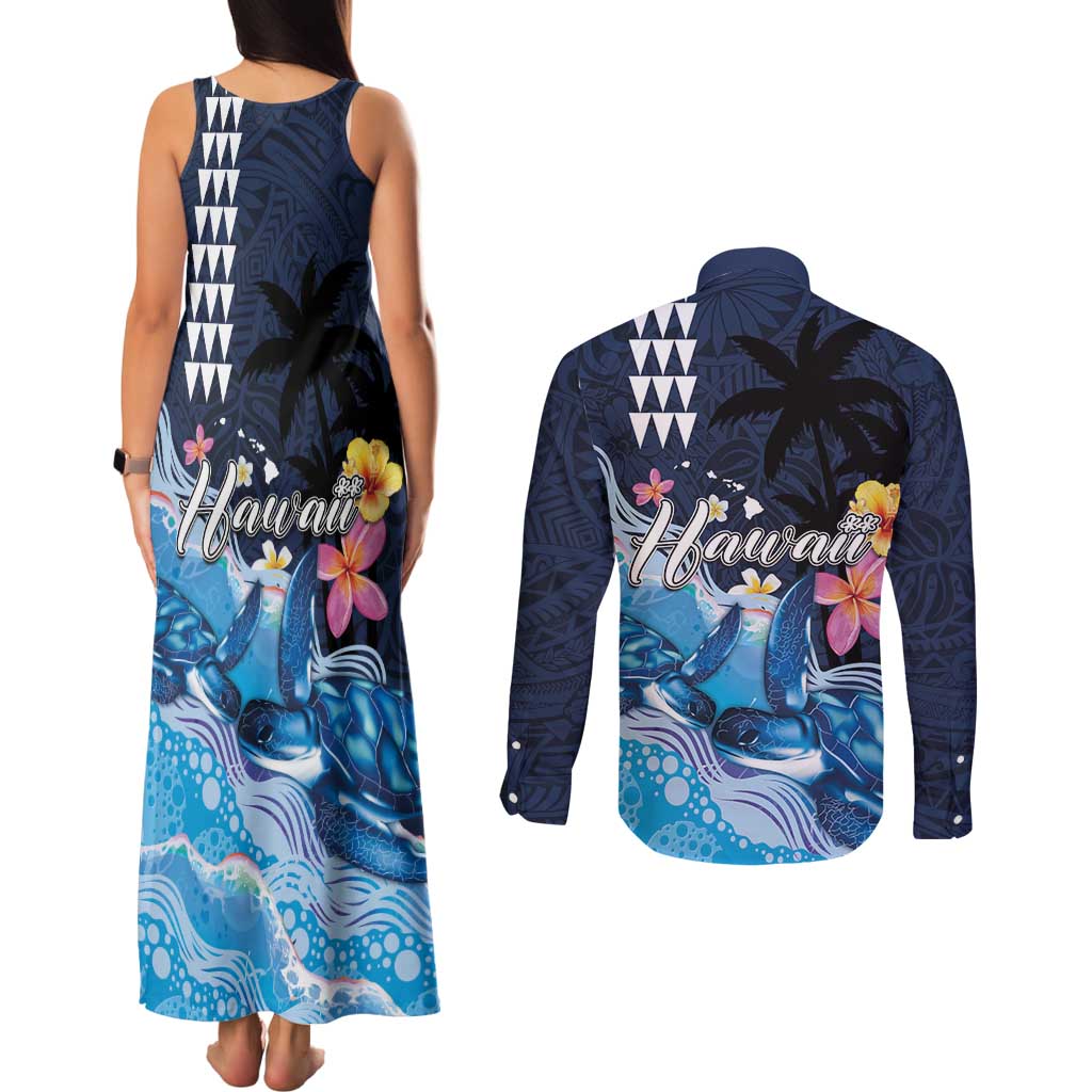 Hawaiian Honu Honi Ihu Couples Matching Tank Maxi Dress and Long Sleeve Button Shirt With Plumeria and Kakau Art Pattern LT03 - Polynesian Pride