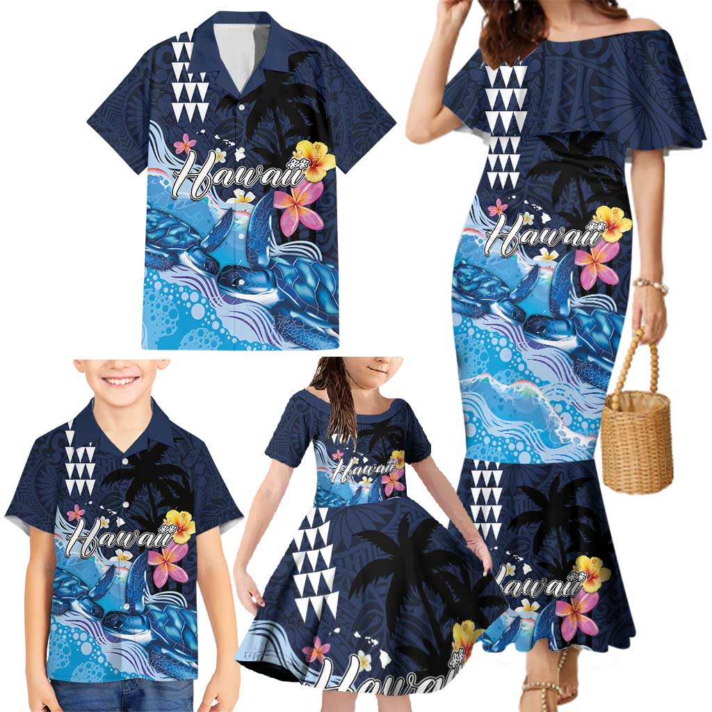 Hawaiian Honu Honi Ihu Family Matching Mermaid Dress and Hawaiian Shirt With Plumeria and Kakau Art Pattern