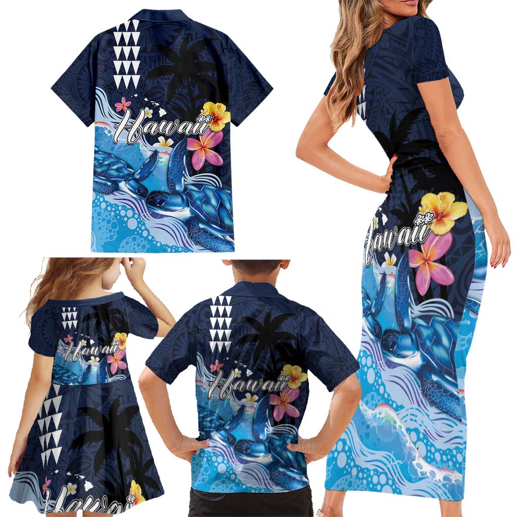 Hawaiian Honu Honi Ihu Family Matching Short Sleeve Bodycon Dress and Hawaiian Shirt With Plumeria and Kakau Art Pattern