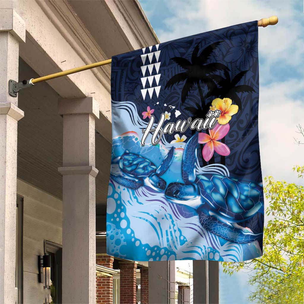 Hawaiian Honu Honi Ihu Garden Flag With Plumeria and Kakau Art Pattern LT03 House Flag Dark Blue - Polynesian Pride