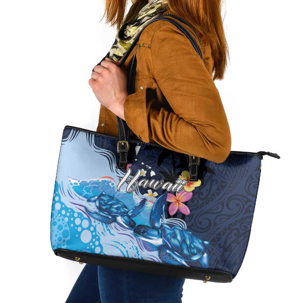 Hawaiian Honu Honi Ihu Leather Tote Bag With Plumeria and Kakau Art Pattern LT03 Dark Blue - Polynesian Pride