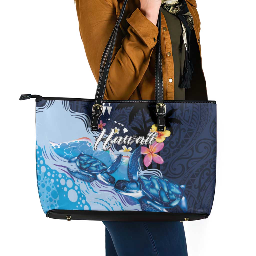 Hawaiian Honu Honi Ihu Leather Tote Bag With Plumeria and Kakau Art Pattern LT03 - Polynesian Pride