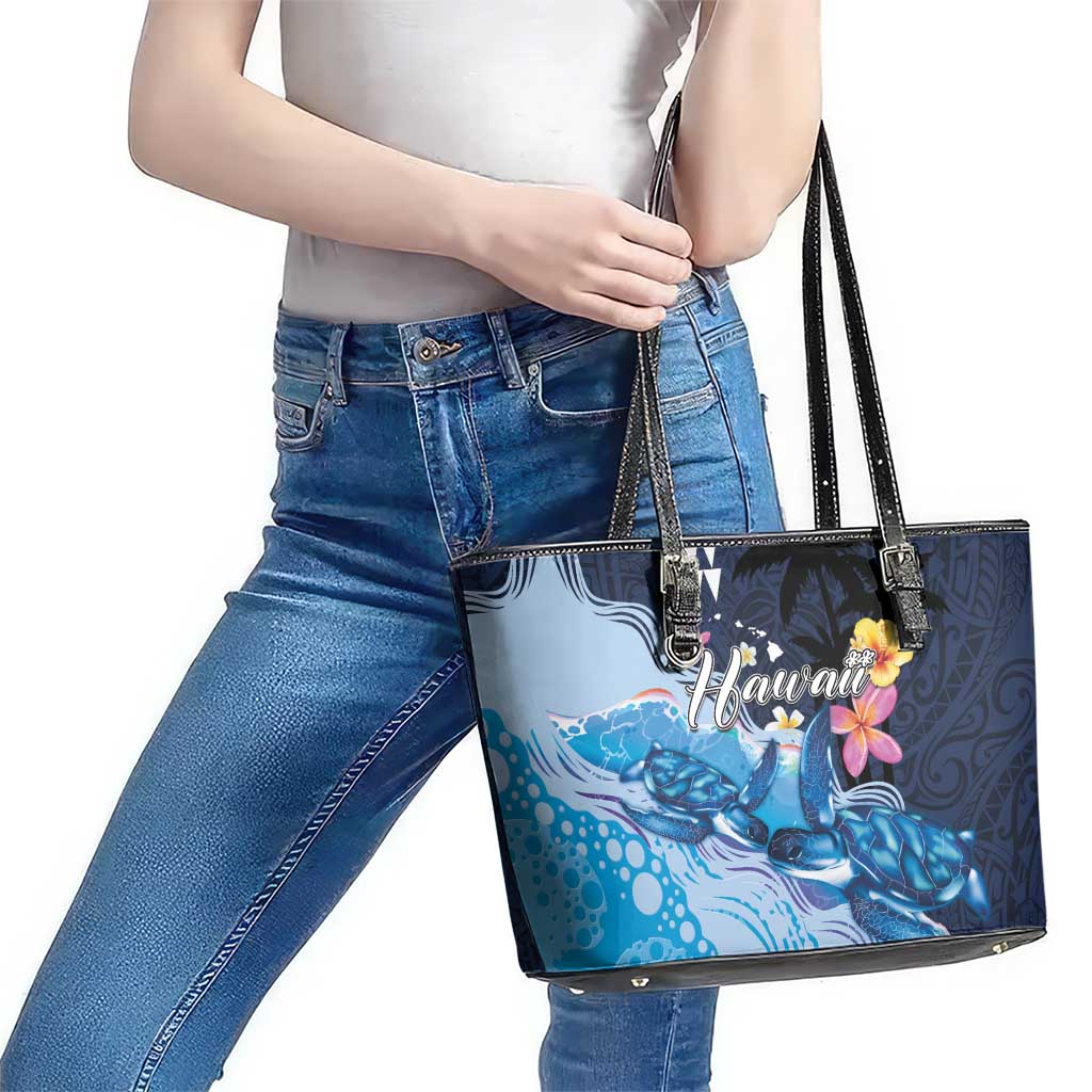 Hawaiian Honu Honi Ihu Leather Tote Bag With Plumeria and Kakau Art Pattern LT03 - Polynesian Pride