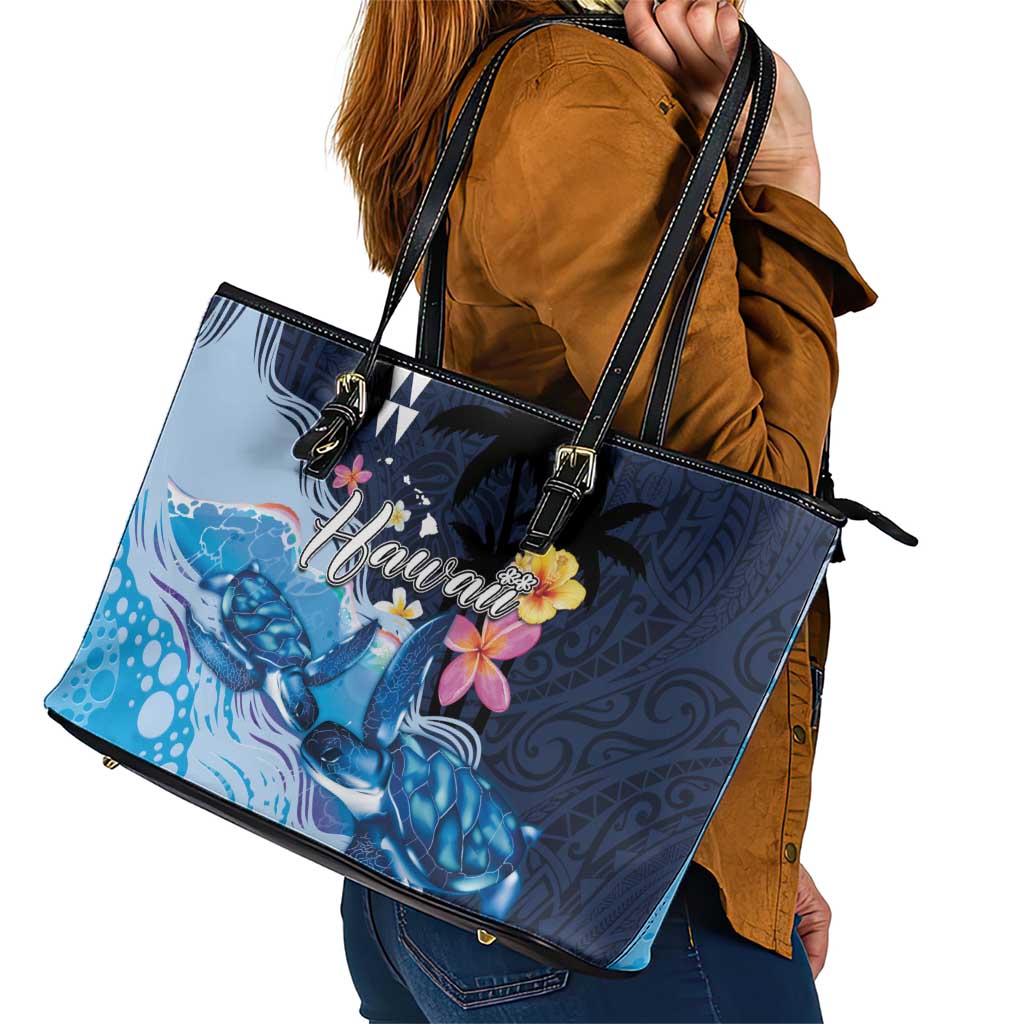 Hawaiian Honu Honi Ihu Leather Tote Bag With Plumeria and Kakau Art Pattern LT03 - Polynesian Pride