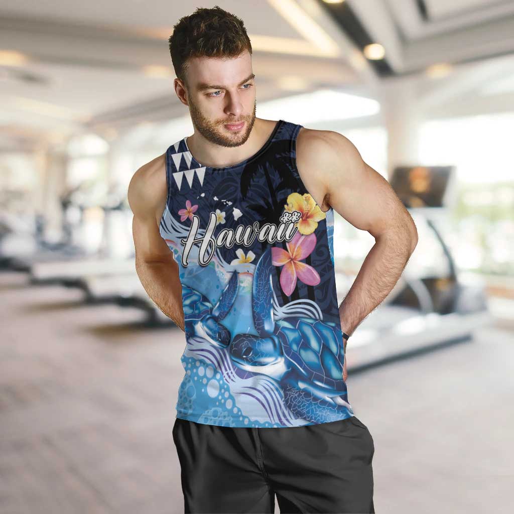 Hawaiian Honu Honi Ihu Men Tank Top With Plumeria and Kakau Art Pattern LT03 Dark Blue - Polynesian Pride