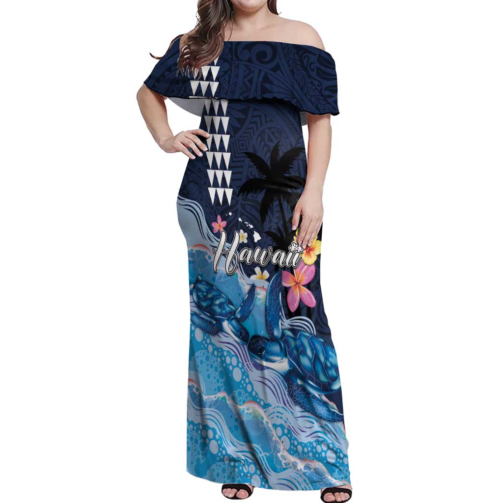 Hawaiian Honu Honi Ihu Off Shoulder Maxi Dress With Plumeria and Kakau Art Pattern LT03 Women Dark Blue - Polynesian Pride